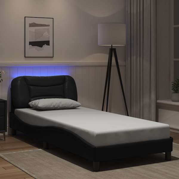 LED-valgustusega voodiraam, must, 90 × 190 cm — mudel 3213899