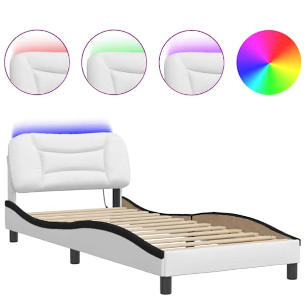 LED-valgustusega voodiraam, valge ja must, 90 × 200 cm — mudel 3213912