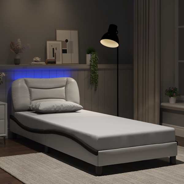 LED-valgustusega voodiraam, valge ja must, 90 × 200 cm — mudel 3213912