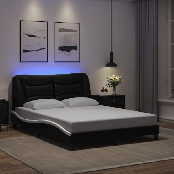 LED-valgustusega voodiraam, must ja valge, 140 × 190 cm — mudel 3213932