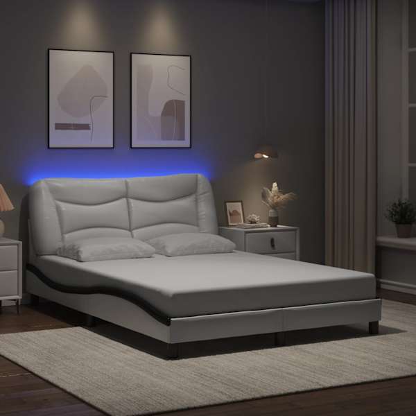 LED-valgustusega voodiraam, valge ja must, 140 × 190 cm — mudel 3213933