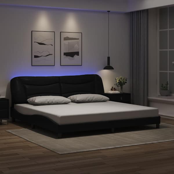 LED-valgustusega voodiraam, must, 200 × 200 cm — mudel 3213955