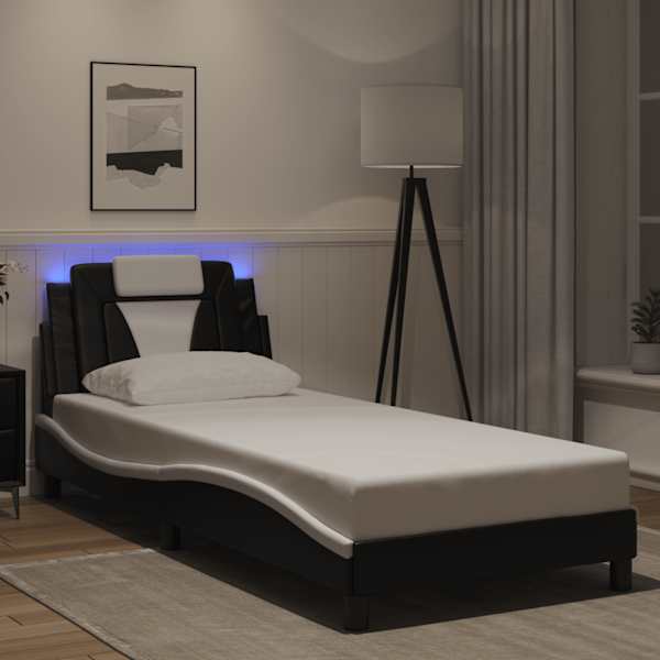 LED-valgustusega voodiraam, must ja valge, 90 × 200 cm — mudel 3213999