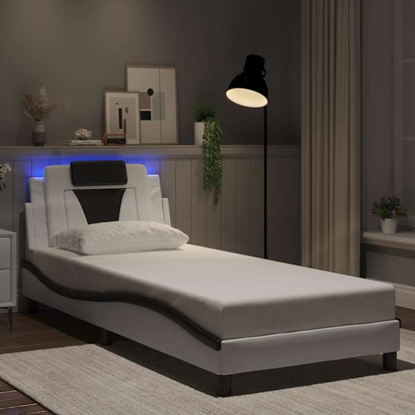LED-valgustusega voodiraam, valge ja must, 90 × 200 cm — mudel 3214000