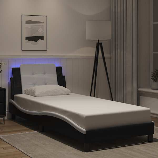 LED-valgustusega voodiraam, must ja valge, 90 × 190 cm — mudel 3214080