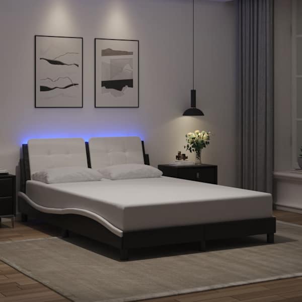 LED-valgustusega voodiraam, must ja valge, 140 × 190 cm — mudel 3214108