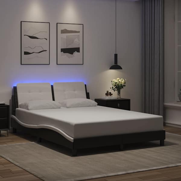 LED-valgustusega voodiraam, must ja valge, 140 × 200 cm — mudel 3214115
