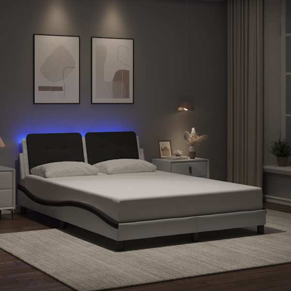 LED-valgustusega voodiraam, valge ja must, 140 × 200 cm — mudel 3214116