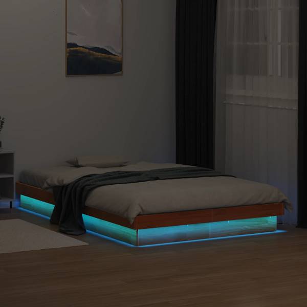 LED-valgustusega voodiraam, vahapruun, 140 × 190 cm, männipuit — mudel 844423