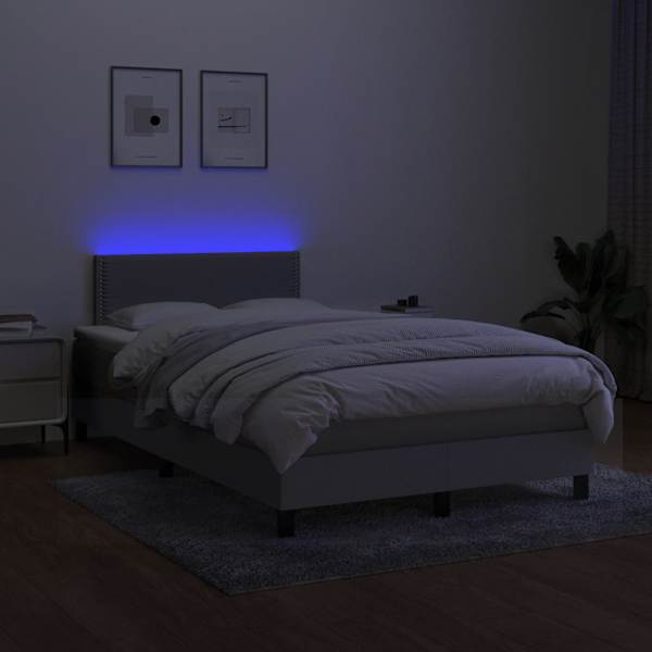 LED-valgustusega kontinentaalvoodi koos madratsiga, helehall, 120 × 190 cm, kangas — mudel 3270032