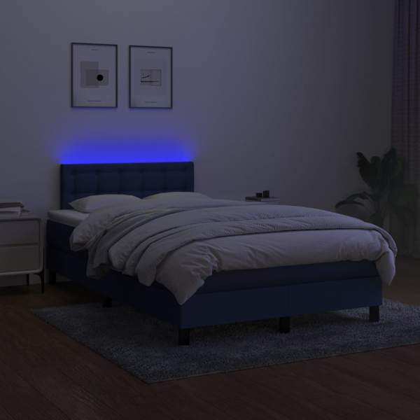LED-valgustusega kontinentaalvoodi koos madratsiga, sinine, 120 × 190 cm, kangas — mudel 3270073
