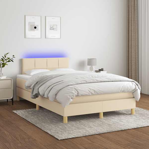 LED-valgustusega kontinentaalvoodi koos madratsiga, kreemjasvalge, 120 × 190 cm, kangas — mudel 3270093
