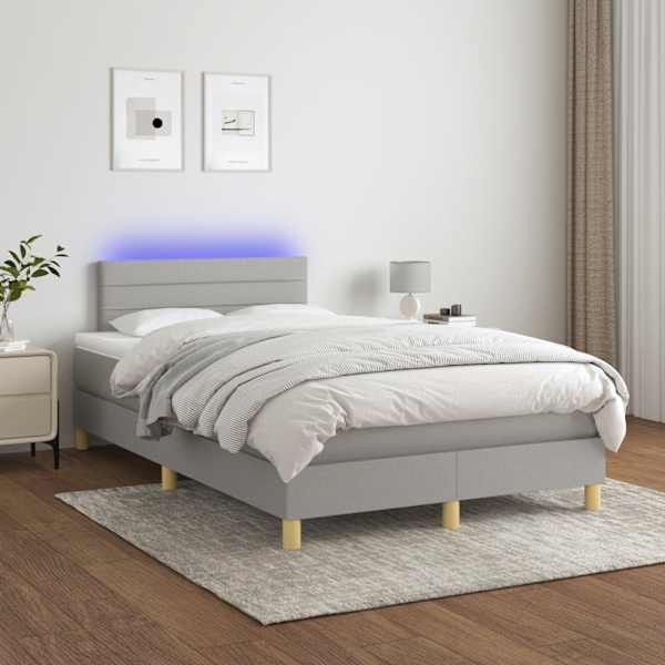 LED-valgustusega kontinentaalvoodi koos madratsiga, helehall, 120 × 190 cm, kangas — mudel 3270095