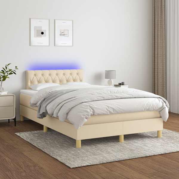 LED-valgustusega kontinentaalvoodi koos madratsiga, kreemjasvalge, 120 × 190 cm, kangas — mudel 3270114
