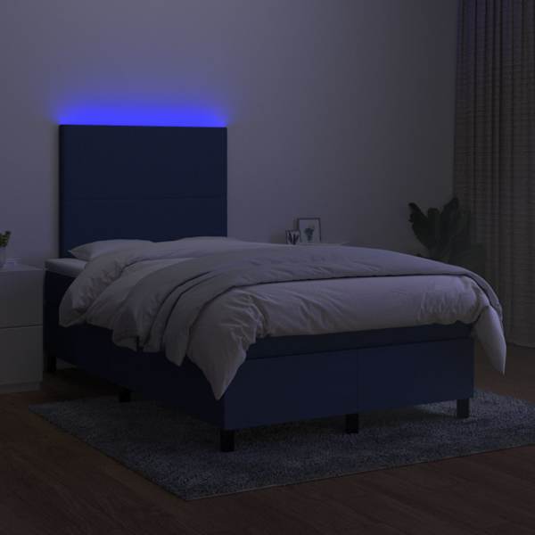 LED-valgustusega kontinentaalvoodi koos madratsiga, sinine, 120 × 190 cm, kangas — mudel 3270189