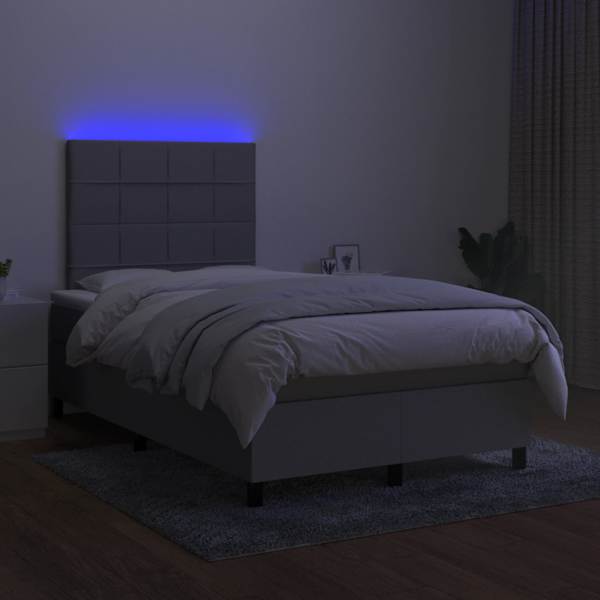 LED-valgustusega kontinentaalvoodi koos madratsiga, helehall, 120 × 190 cm, kangas — mudel 3270197