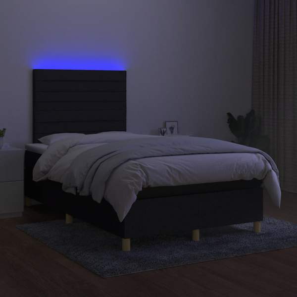 LED-valgustusega kontinentaalvoodi koos madratsiga, must, 120 × 190 cm, kangas — mudel 3270255