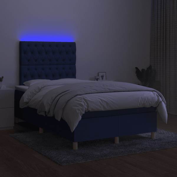LED-valgustusega kontinentaalvoodi koos madratsiga, sinine, 120 × 190 cm, kangas — mudel 3270273
