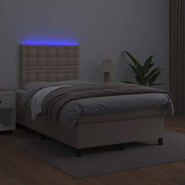 LED-valgustusega kontinentaalvoodi koos madratsiga, cappuccino, 120 × 190 cm, kunstnahk — mudel 3270298