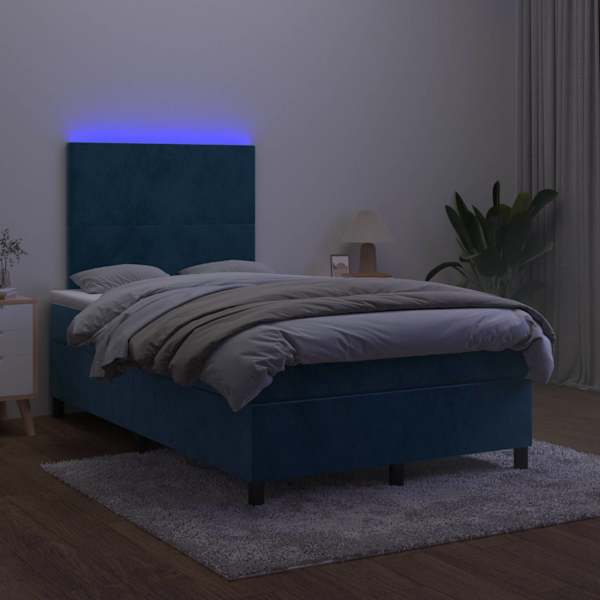 LED-valgustusega kontinentaalvoodi koos madratsiga, tumesinine, 120 × 190 cm — mudel 3270303