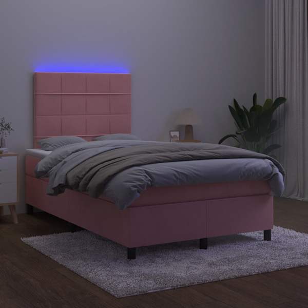 LED-valgustusega kontinentaalvoodi koos madratsiga, roosa, 120 × 190 cm, samet — mudel 3270316