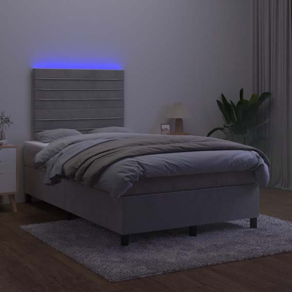 LED-valgustusega kontinentaalvoodi koos madratsiga, helehall, 120 × 190 cm — mudel 3270317