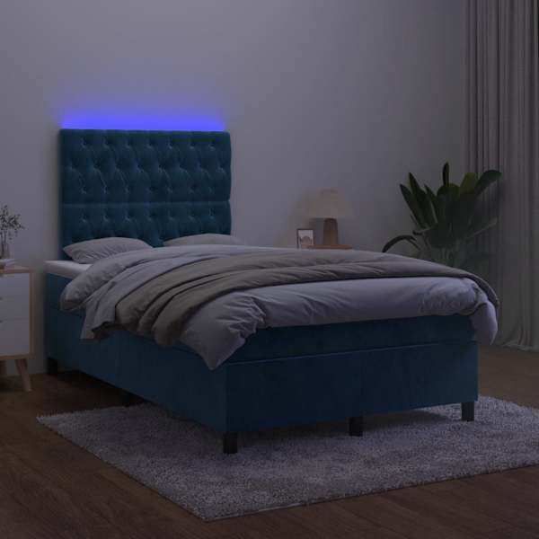 LED-valgustusega kontinentaalvoodi koos madratsiga, tumesinine, 120 × 190 cm — mudel 3270333