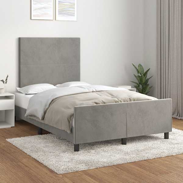 Voodiraam peatsiga, helehall, 120 × 190 cm, samet — mudel 3270566