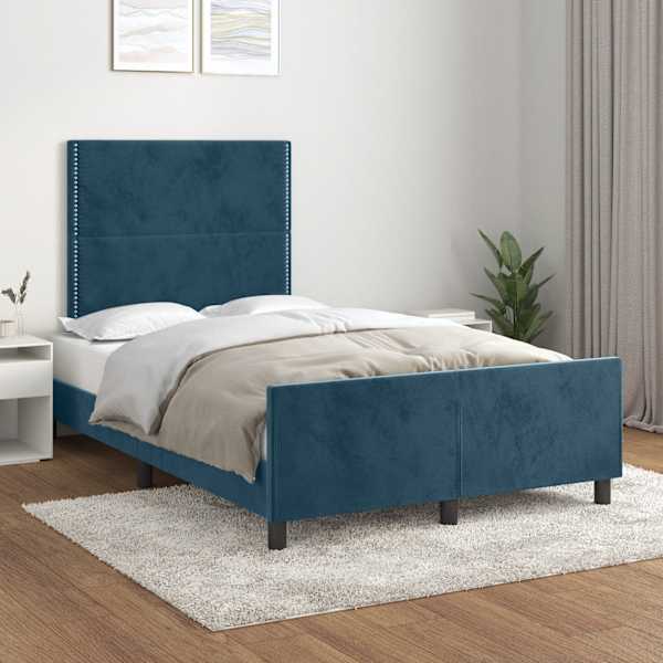 Voodiraam peatsiga, tumesinine, 120 × 190 cm, samet — mudel 3270576