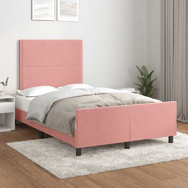 Voodiraam peatsiga, roosa, 120 × 190 cm, samet — mudel 3270577