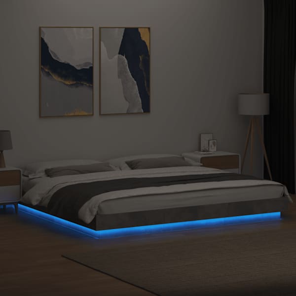 LED-valgustusega voodiraam, betoonhall, 180 × 200 cm, tehispuit — mudel 3281080