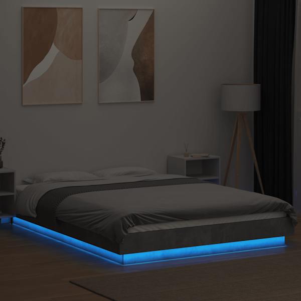 LED-valgustusega voodiraam, betoonhall, 135 × 190 cm, tehispuit — mudel 3281136