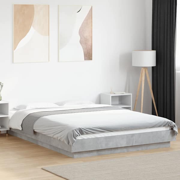 LED-valgustusega voodiraam, betoonhall, 135 × 190 cm, tehispuit — mudel 3281136