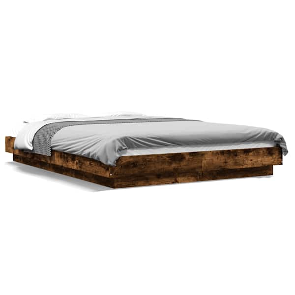 LED-valgustusega voodiraam, suitsutatud tamm, 120 × 190 cm, tehispuit — mudel 3281144