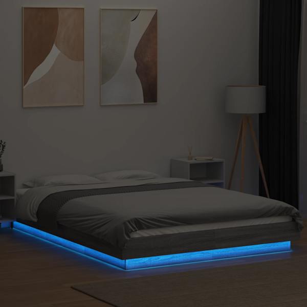 LED-valgustusega voodiraam, hall sonoma tamm, 120 × 190 cm, tehispuit — mudel 3281145