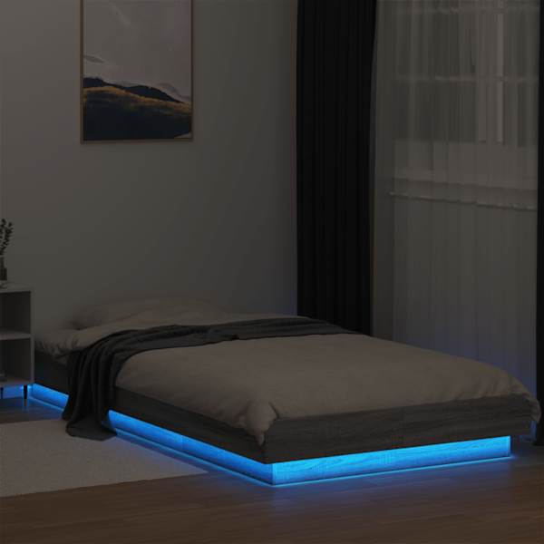 LED-valgustusega voodiraam, hall sonoma tamm, 90 × 190 cm, tehispuit — mudel 3281152
