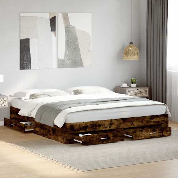Sahtlitega voodiraam, suitsutatud tamm, 180 × 200 cm, tehispuit — mudel 3280367