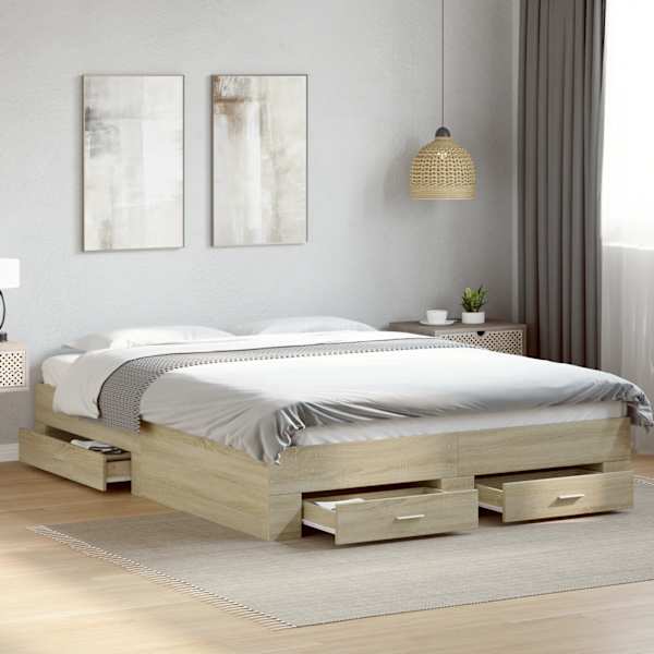 Sahtlitega voodiraam, sonoma tamm, 150 × 200 cm, tehispuit — mudel 3280379