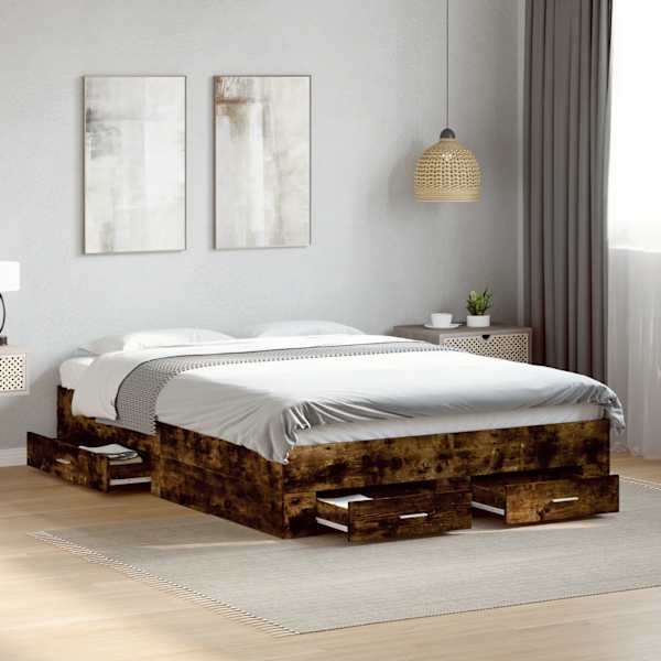 Sahtlitega voodiraam, suitsutatud tamm, 140 × 190 cm, tehispuit — mudel 3280402