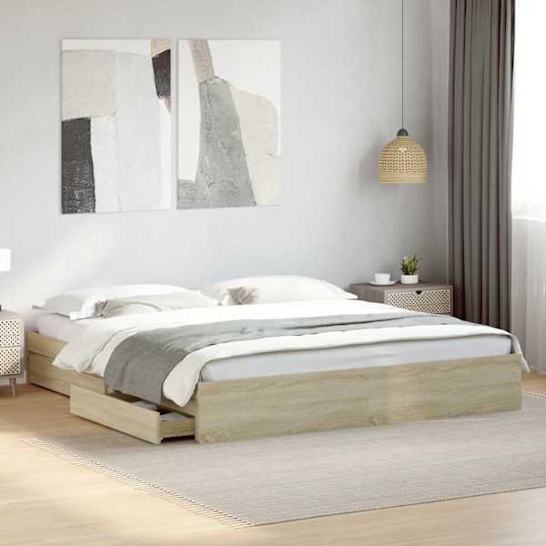 Sahtlitega voodiraam, sonoma tamm, 180 × 200 cm, tehispuit — mudel 3280638