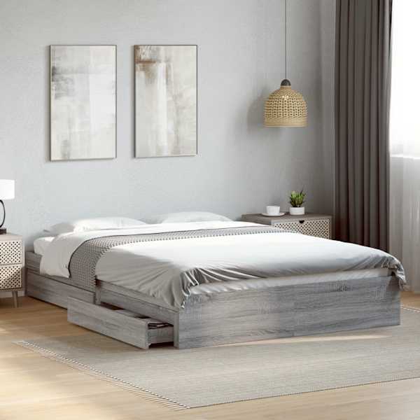 Sahtlitega voodiraam, hall sonoma tamm, 150 × 200 cm, tehispuit — mudel 3280655