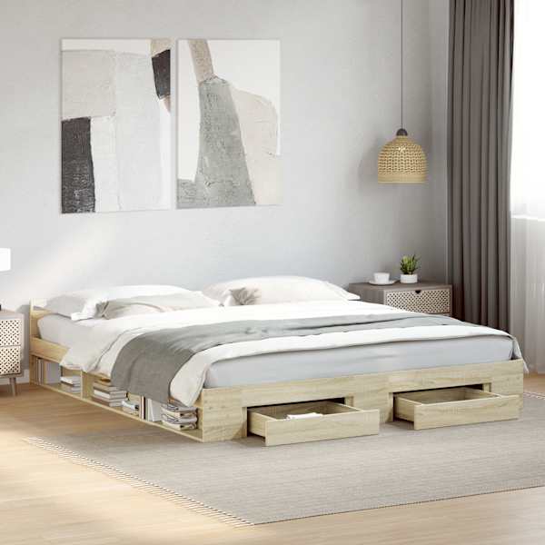 Sahtlitega voodiraam, sonoma tamm, 180 × 200 cm, tehispuit — mudel 3280729
