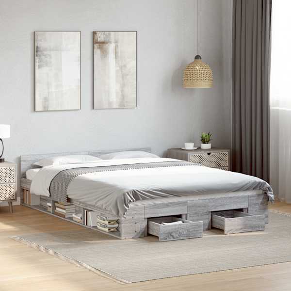 Sahtlitega voodiraam, hall sonoma tamm, 150 × 200 cm, tehispuit — mudel 3280746