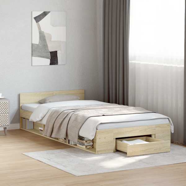 Sahtlitega voodiraam, sonoma tamm, 75 × 190 cm, tehispuit — mudel 3280806