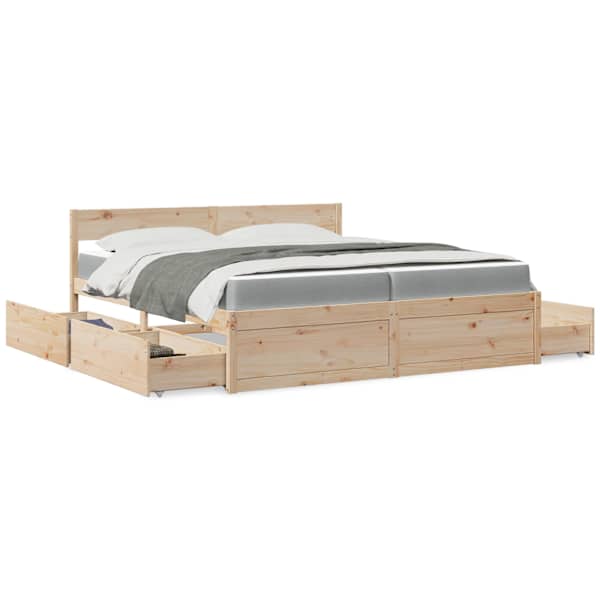 Sahtlitega voodiraam koos 2 madratsiga, valge ja helehall, 200 × 200 cm, männipuit — mudel 3281886