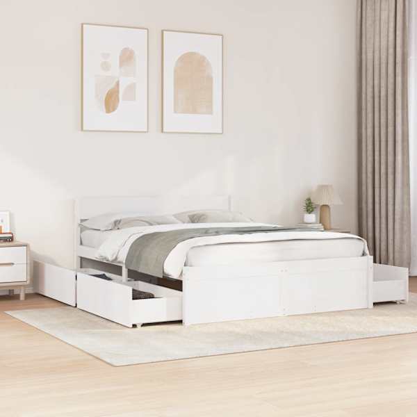 Sahtlitega voodiraam, valge, 140 × 200 cm, männipuit — mudel 3282349