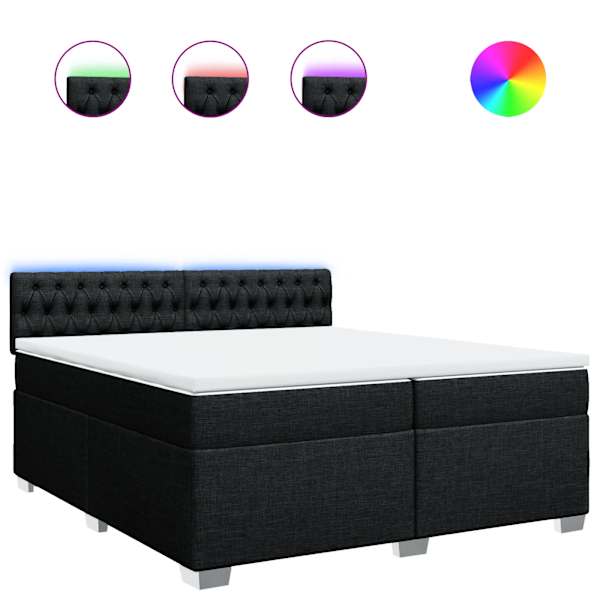 LED-valgustusega kontinentaalvoodi koos 2 madratsiga, must, 200 × 200 cm, kangas — mudel 3288304