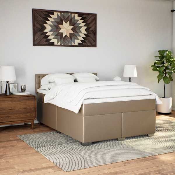 LED-valgustusega kontinentaalvoodi koos madratsiga, cappuccino, 140 × 200 cm, kunstnahk — mudel 3288427