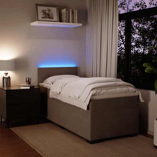 LED-valgustusega kontinentaalvoodi koos madratsiga, helehall, 90 × 190 cm, samet — mudel 3288480