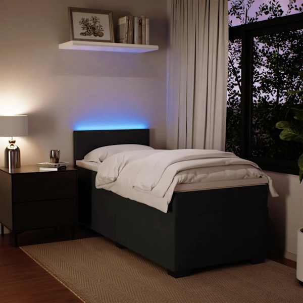 LED-valgustusega kontinentaalvoodi koos madratsiga, must, 90 × 190 cm, samet — mudel 3288482